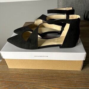 Jessica Simpson Cayleen Black Microsuede Pointed Toe Ankle Strap Flats